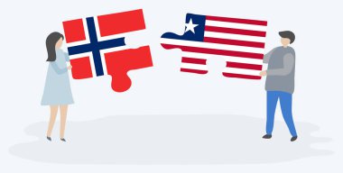 Norveç ve Liberya bayrakları ile iki bulmaca parçaları tutan çift. Norveç ve Liberya ulusal sembolleri birlikte.