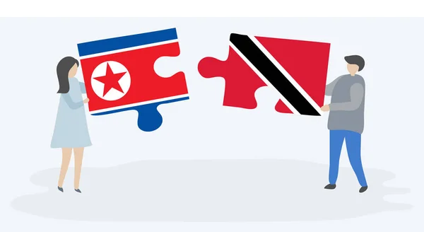 Par Som Innehar Två Pusselbitar Med Nordkoreanska Och Trinidadian Flaggor — Stock vektor