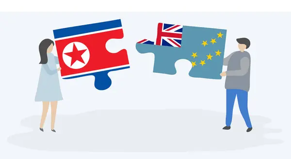Para Trzyma Dwa Kawałki Puzzli Północnokoreańskich Tuvalu Flagi Korea Północna — Wektor stockowy