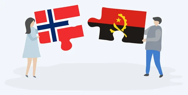 Ζευγάρι Που Κρατά Δύο Κομμάτια Παζλ Σημαίες Της Νορβηγίας Και — Διανυσματικό Αρχείο