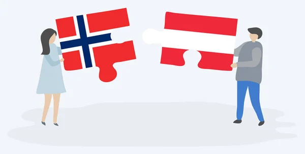 Ζευγάρι Που Κρατά Δύο Κομμάτια Παζλ Νορβηγική Και Αυστριακές Σημαίες — Διανυσματικό Αρχείο