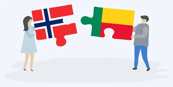 Par Som Innehar Två Pusselbitar Med Norska Och Beninese Flaggor — Stock vektor