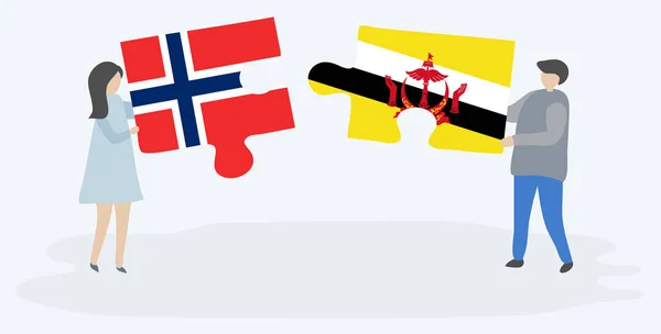 一对夫妇拿着两块拼图 上面挂着挪威和文莱国旗 挪威和文莱国家符号在一起 — 图库矢量图片