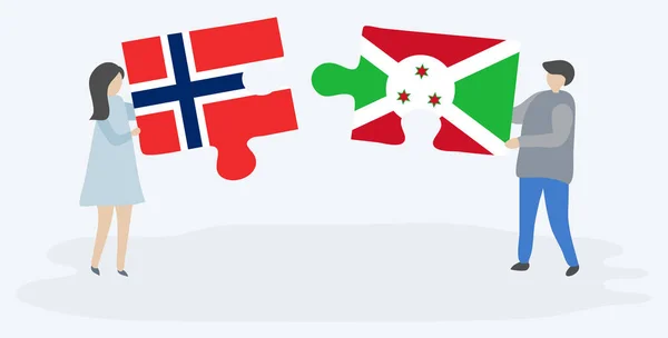 Couple Holding Two Puzzles Pieces Norwegian Burundian Flags Norway Burundi — Stock Vector