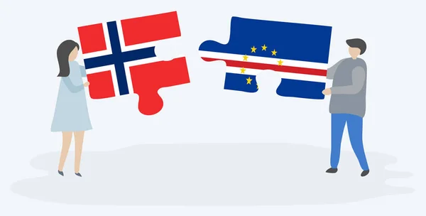 Paar Houden Twee Puzzels Stukken Met Noorse Cabo Verdean Vlaggen — Stockvector
