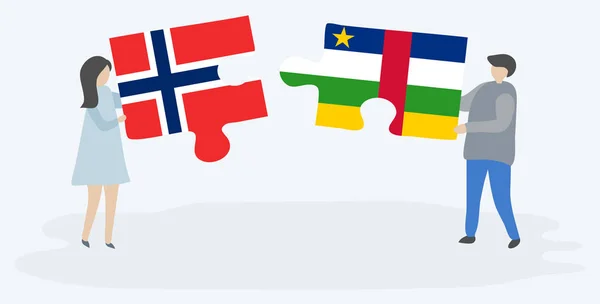 Pareja Sosteniendo Dos Piezas Rompecabezas Con Banderas Noruega África Central — Vector de stock