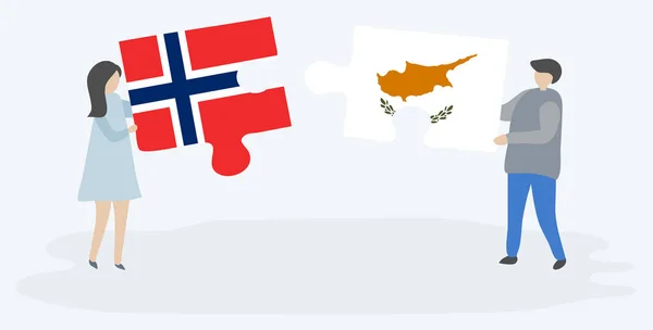 Couple Holding Two Puzzles Pieces Norwegian Cypriot Flags Norway Cyprus — Stock Vector