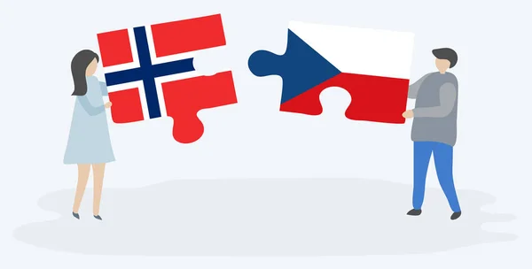 Ζευγάρι Που Κρατά Δύο Κομμάτια Παζλ Νορβηγική Και Τσεχικά Σημαίες — Διανυσματικό Αρχείο