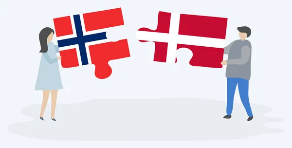Ζευγάρι Που Κρατά Δύο Κομμάτια Παζλ Νορβηγική Και Δανική Σημαίες — Διανυσματικό Αρχείο