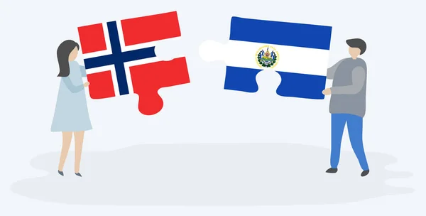 Çift Norveç Salvador Bayrakları Ile Iki Bulmaca Parçaları Tutan Norveç — Stok Vektör