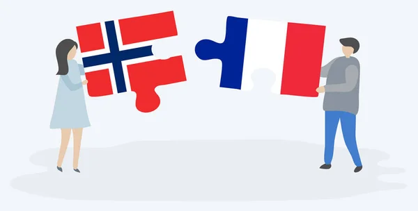 Ζευγάρι Που Κρατά Δύο Κομμάτια Παζλ Νορβηγικές Και Γαλλικές Σημαίες — Διανυσματικό Αρχείο