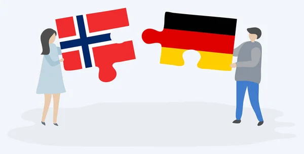 Ζευγάρι Που Κρατά Δύο Κομμάτια Παζλ Νορβηγική Και Γερμανικές Σημαίες — Διανυσματικό Αρχείο