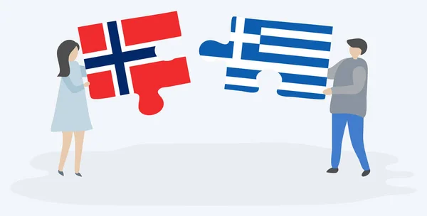 Ζευγάρι Που Κρατά Δύο Κομμάτια Παζλ Νορβηγική Και Ελληνικές Σημαίες — Διανυσματικό Αρχείο