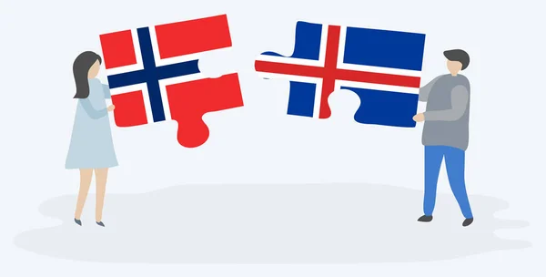 Par Som Innehar Två Pusselbitar Med Norska Och Isländska Flaggor — Stock vektor