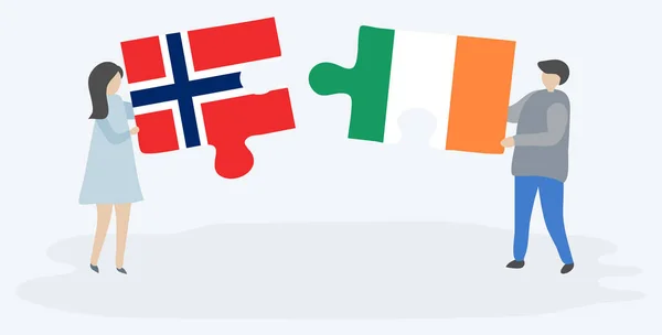 Par Som Innehar Två Pusselbitar Med Norska Och Irländska Flaggor — Stock vektor