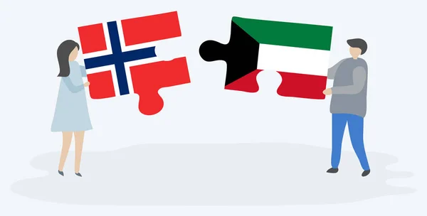 Ζευγάρι Που Κρατά Δύο Κομμάτια Παζλ Τις Σημαίες Της Νορβηγίας — Διανυσματικό Αρχείο