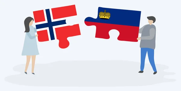 Par Som Innehar Två Pusselbitar Med Norska Och Liechtenstein Flaggor — Stock vektor