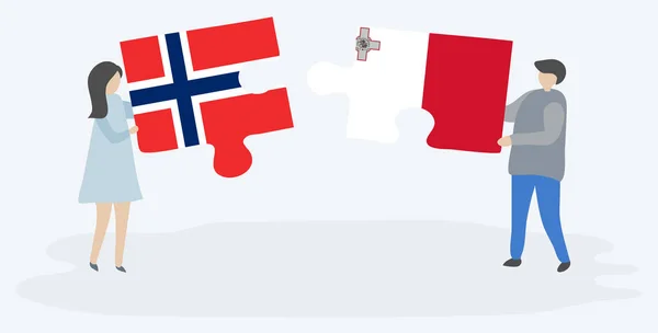 Пара Проведення Двох Головоломок Штук Норвезькими Мальтійські Прапори Норвегія Мальта — стоковий вектор