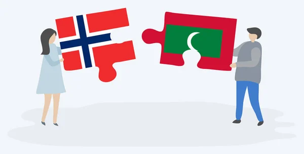 Ζευγάρι Που Κρατά Δύο Κομμάτια Παζλ Νορβηγική Και Ρουφίγια Σημαίες — Διανυσματικό Αρχείο