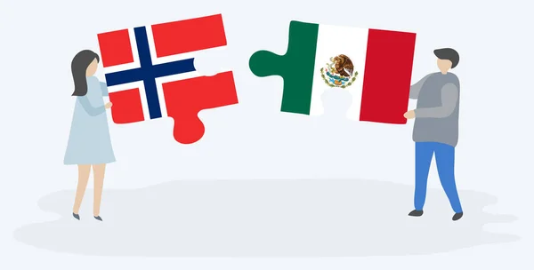 Pareja Sosteniendo Dos Piezas Rompecabezas Con Banderas Noruegas Mexicanas Noruega — Vector de stock