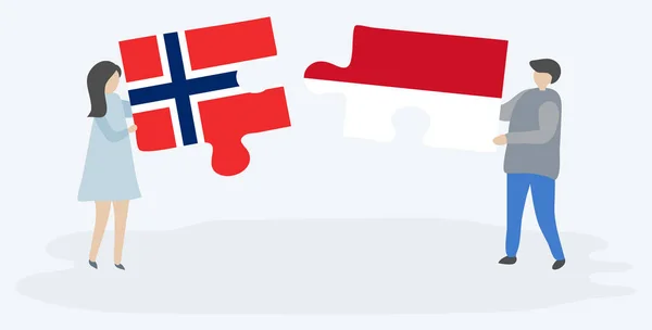 Par Som Innehar Två Pusselbitar Med Norska Och Monegasque Flaggor — Stock vektor