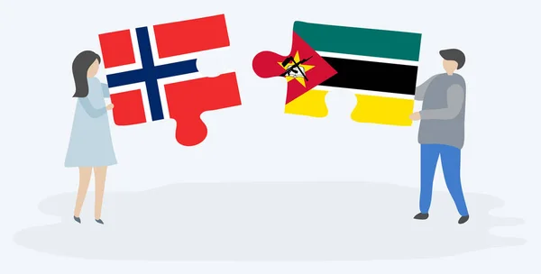 ノルウェーとモザンビークの旗を持つ2つのパズルピースを持つカップル ノルウェーとモザンビークの国のシンボル — ストックベクタ