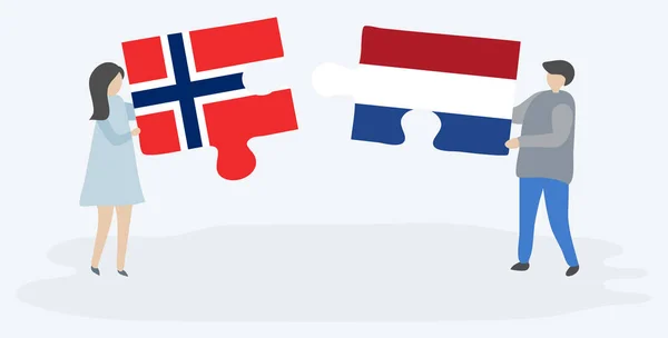 Пара Проведення Двох Головоломок Штук Норвезькими Голландськими Прапорами Норвегія Нідерланди — стоковий вектор