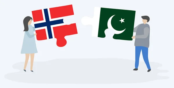 ノルウェーとパキスタンの旗を持つ2つのパズルのピースを保持しているカップル ノルウェーとパキスタンのシンボル — ストックベクタ