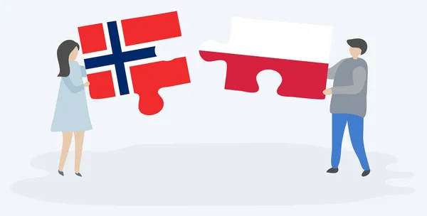 Dvojice Drží Dvě Skládanky Norskými Polským Vlasem Společné Národní Symboly — Stockový vektor