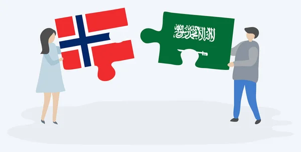 Par Som Innehar Två Pusselbitar Med Norska Och Saudiarabiska Flaggor — Stock vektor