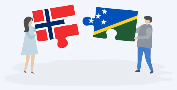 Ζευγάρι Που Κρατάει Δύο Κομμάτια Παζλ Σημαίες Νορβηγικής Και Νήσου — Διανυσματικό Αρχείο