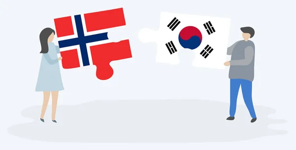 Couple Holding Two Puzzles Pieces Norwegian South Korean Flags Norway — Stock Vector