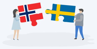 Çift Norveç ve İsveç bayrakları ile iki bulmaca parçaları tutan. Norveç ve İsveç ulusal sembolleri birlikte.