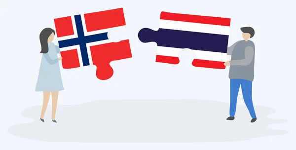 Pareja Sosteniendo Dos Piezas Rompecabezas Con Banderas Noruegas Tailandesas Noruega — Vector de stock