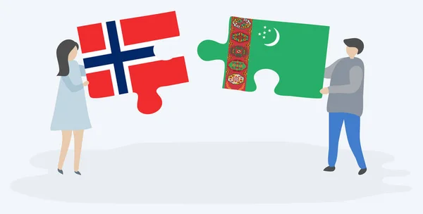 Ζευγάρι Που Κρατά Δύο Κομμάτια Παζλ Σημαίες Νορβηγικού Και Τουρκμενιστάν — Διανυσματικό Αρχείο