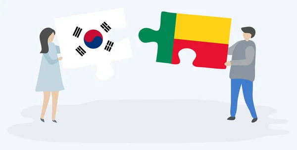 Para Trzyma Dwa Puzzle Kawałki Korei Południowej Beninese Flagi Korea — Wektor stockowy