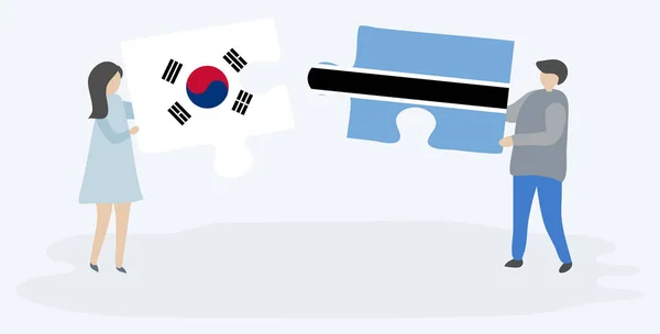 Pareja Sosteniendo Dos Piezas Rompecabezas Con Banderas Corea Del Sur — Archivo Imágenes Vectoriales