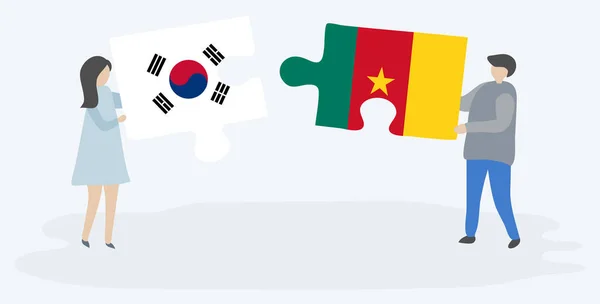 Пара Проведення Двох Головоломок Штук Південнокорейських Камернонські Прапори Південна Корея — стоковий вектор