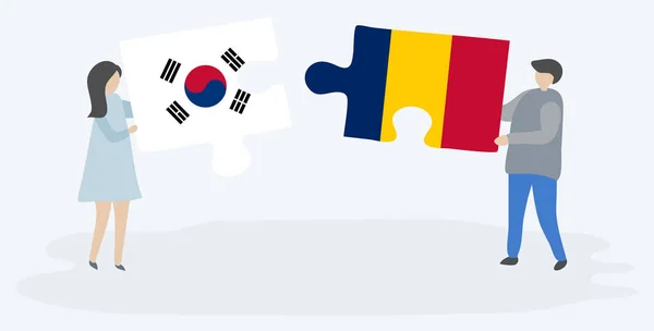 Paar Houden Twee Puzzels Stukken Met Zuid Koreaanse Chadian Vlaggen — Stockvector