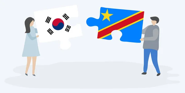Paar Houden Twee Puzzels Stukken Met Zuid Koreaanse Congolese Vlaggen — Stockvector