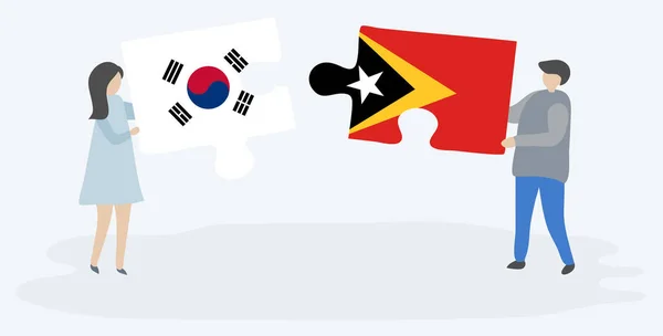 Paar Houden Twee Puzzels Stukken Met Zuid Koreaanse Timorese Vlaggen — Stockvector