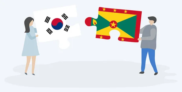 Çift Güney Kore Grenadian Bayrakları Ile Iki Bulmaca Parçaları Tutan — Stok Vektör
