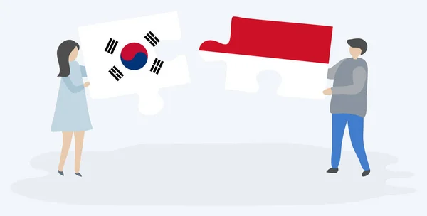 韓国とインドネシアの国旗を持つ2つのパズルピースを持つカップル 韓国とインドネシアのシンボルが一緒に — ストックベクタ