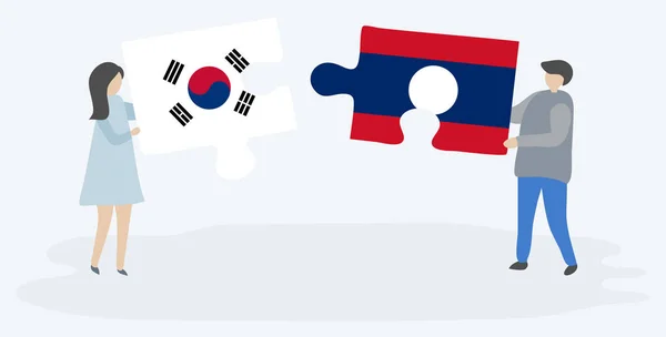 Para Trzyma Dwa Puzzle Kawałki Korei Południowej Lao Flagi Korea — Wektor stockowy