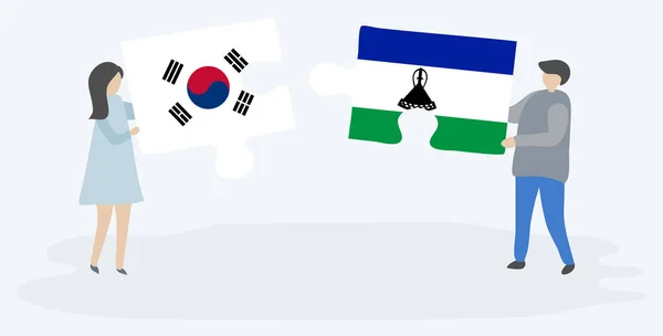 Para Trzyma Dwa Puzzle Kawałki Korei Południowej Basotho Flagi Korea — Wektor stockowy
