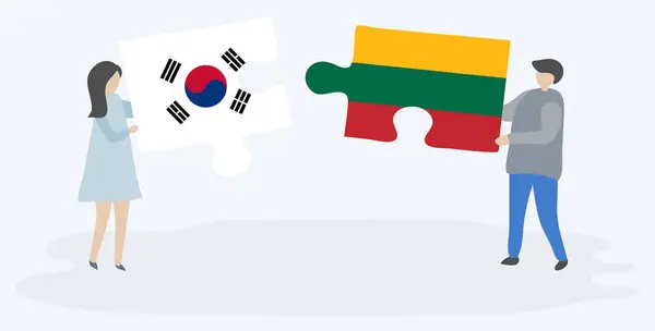 Para Trzymania Dwóch Puzzli Korei Południowej Flagi Litwy Korea Południowa — Wektor stockowy