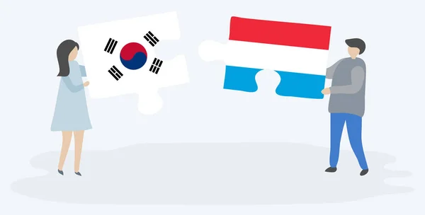 Paar Houden Twee Puzzels Stukken Met Zuid Koreaanse Luxemburgse Vlaggen — Stockvector
