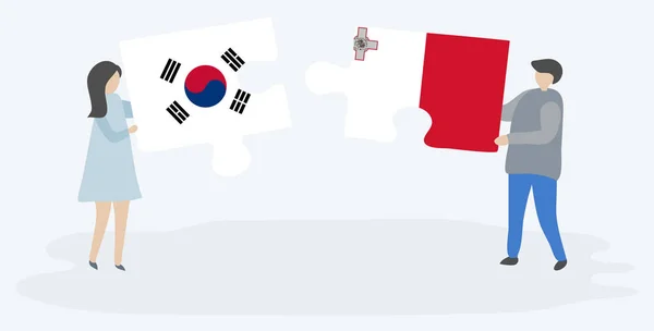 韓国とマルタの旗を持つ2つのパズルピースを持つカップル 韓国とマルタのシンボルが一緒に — ストックベクタ