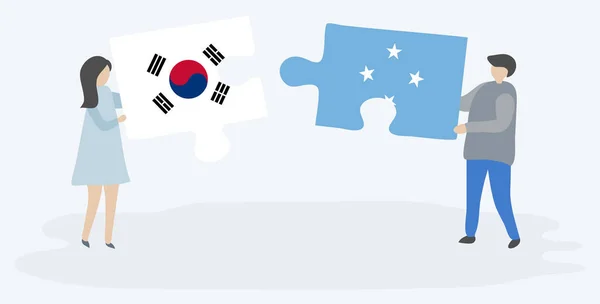 Para Trzyma Dwa Kawałki Puzzli Południowokoreańskich Mikronezyjskich Flag Korea Południowa — Wektor stockowy