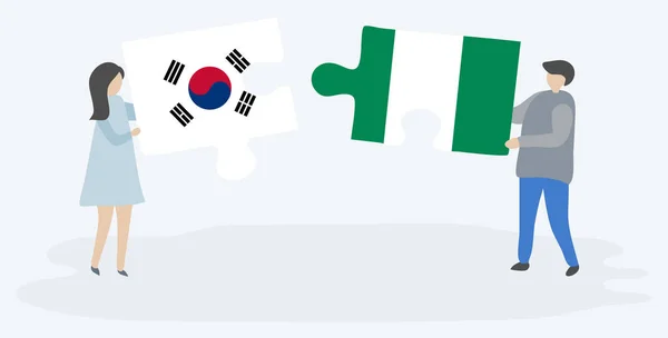 Çift Güney Kore Nijerya Bayrakları Ile Iki Bulmaca Parçaları Tutan — Stok Vektör